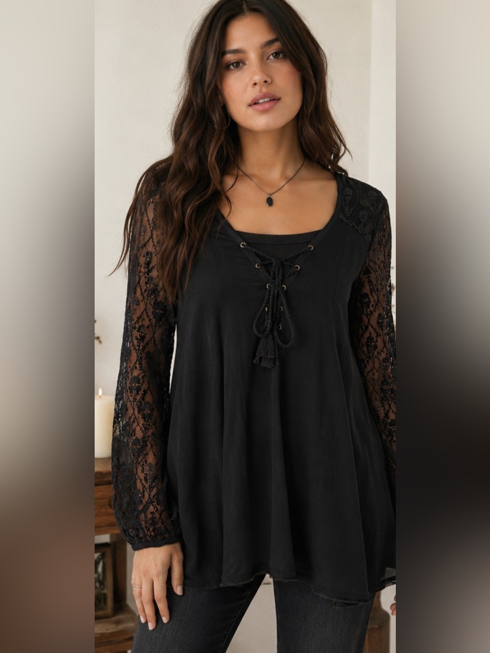 Ecote Black Lace whimsgoth, boho romantic top size small.